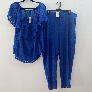 Ashley Stewart Lace Top And‎ Pant Set NWT 22/24 Floral Blue Off Shoulder
